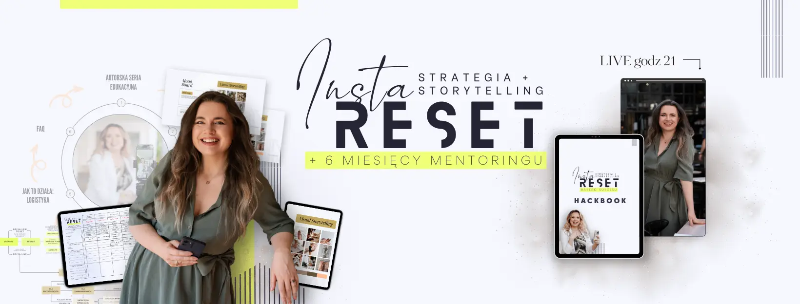 INSTA RESET KURS HAKERKI SUKCESU mockup okładki i zdjęcie autorki w zielonej sukience